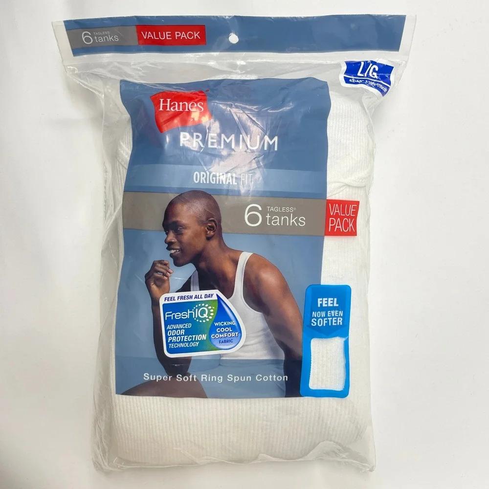 Hanes Premium Men 6 Pack White Tagless Tank Tops Original Fit Ring Spun Cotton L
